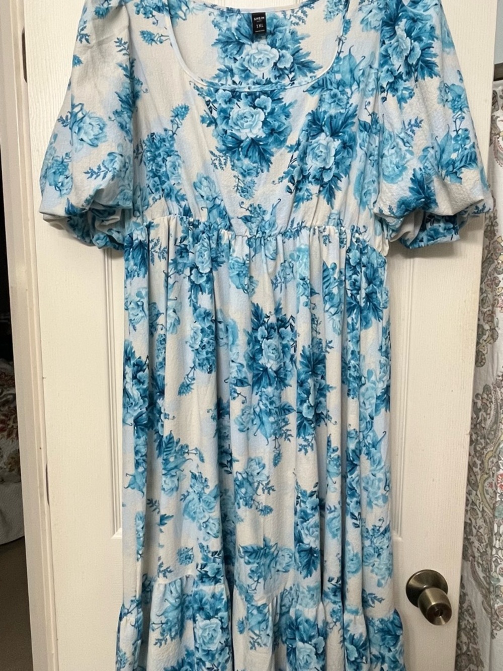 SHEIN White Dress with Blue Floral Print